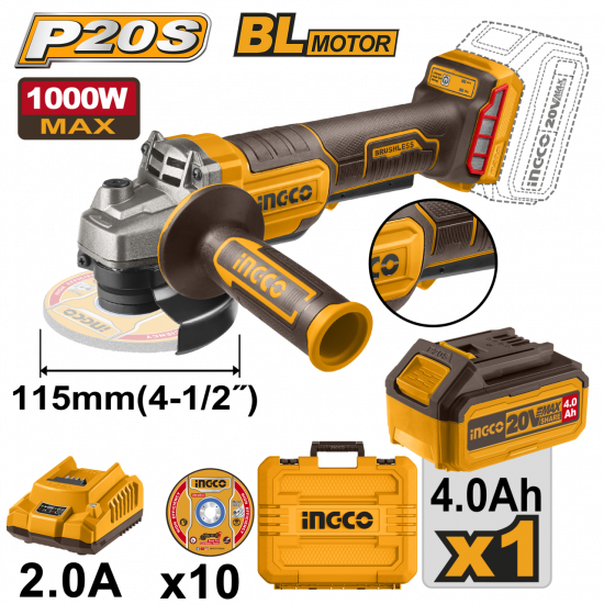 Ingco Cordless Angle Grinder 20V 115Mm Brushless Kit With Carry Case CAGLI2111561 Ingco Cordless Angle Grinder 20V 115Mm Brushless Kit With Carry Case CAGLI2111561
