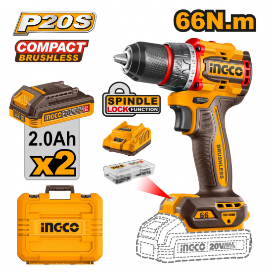 Ingco Cordless Compact Drill 66Nm Brushless 20V Kit - Non Impact Ingco Cordless Compact Drill 66Nm Brushless 20V Kit - Non Impact