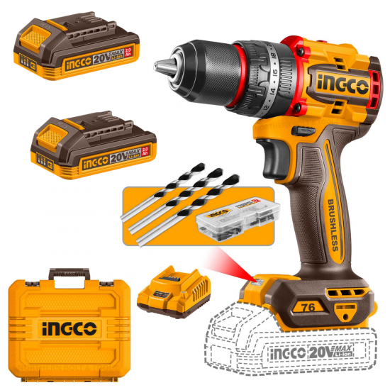 Ingco Cordless Compact Brushless Impact Drill 76Nm 20V Kit Ingco Cordless Compact Brushless Impact Drill 76Nm 20V Kit