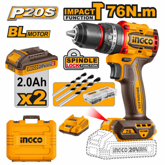 Ingco Cordless Compact Brushless Impact Drill 76Nm 20V Kit Ingco Cordless Compact Brushless Impact Drill 76Nm 20V Kit