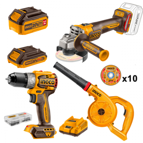 Ingco Cordless Angle Grinder, Drill and Blower Combo Kit Ingco Cordless Angle Grinder, Drill and Blower Combo Kit