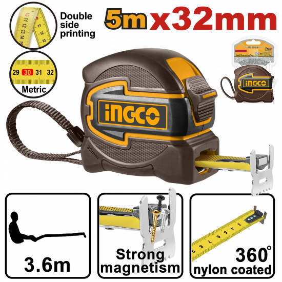 Ingco T/Measure Steel R/Case 5Mx32Mm Mag Dbl Hook Ingco T/Measure Steel R/Case 5Mx32Mm Mag Dbl Hook