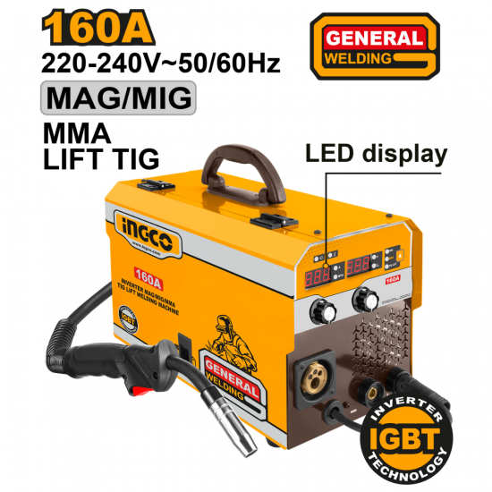 Ingco Inverter MAG/MIG/MMA/TIG Lift Welding Machine 160A Ingco Inverter MAG/MIG/MMA/TIG Lift Welding Machine 160A